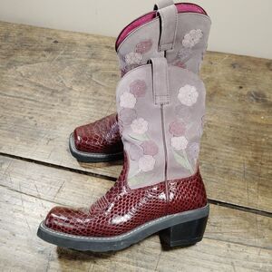 Ariat 8.5B Boots Cowboy Square Toe Maroon Snake Print Floral Western